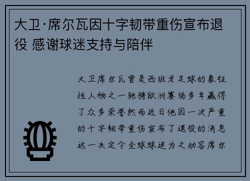大卫·席尔瓦因十字韧带重伤宣布退役 感谢球迷支持与陪伴