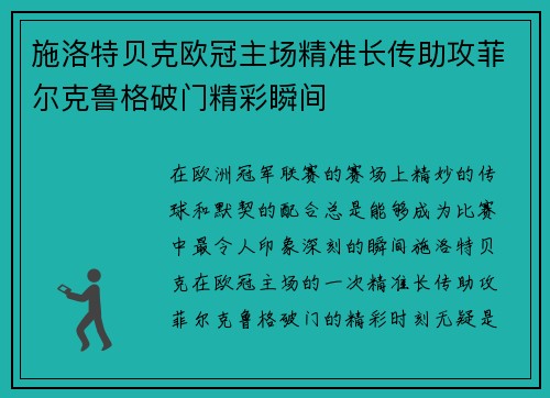 施洛特贝克欧冠主场精准长传助攻菲尔克鲁格破门精彩瞬间